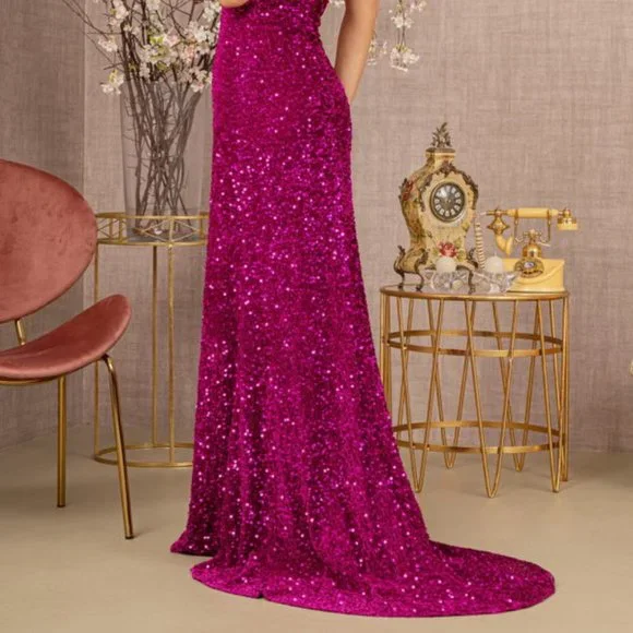 NEW SHEATH LONG SLEEVELESS ONE SHOULDER DRESS WITH FEATHERS AND SEQUINS GL3154